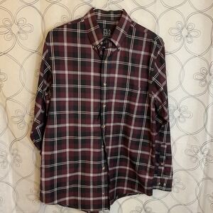 Men's Jos. A. Bank Maroon/Black Plaid Button Up Long Sleeve Shirt Size Medium